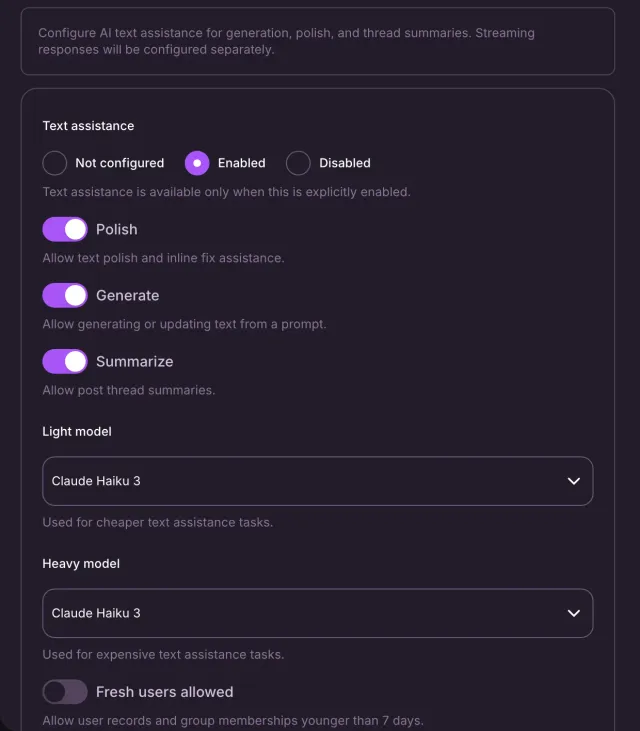 The AI tools form shows text assistance controls and model choices. No AI request was made.