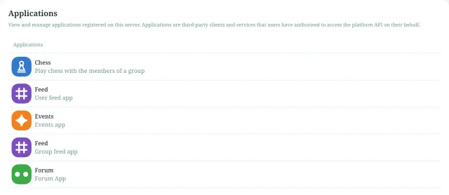 The Applications page listing the installed Chess, user Feed, Events, group Feed and Forum applications with their icons and descriptions.