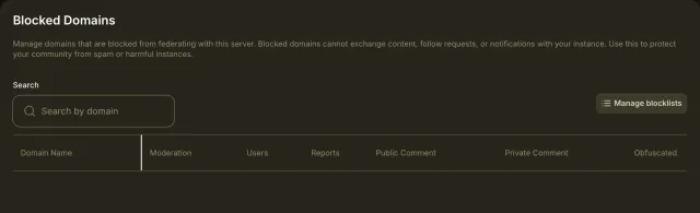The Blocked Domains page with a domain search, a Manage blocklists button, and table columns for moderation, users, reports, public comment, private comment and obfuscation.