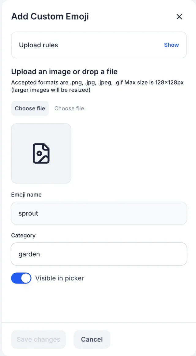 The custom emoji editor shows file requirements, a shortcode, a category, and picker visibility.