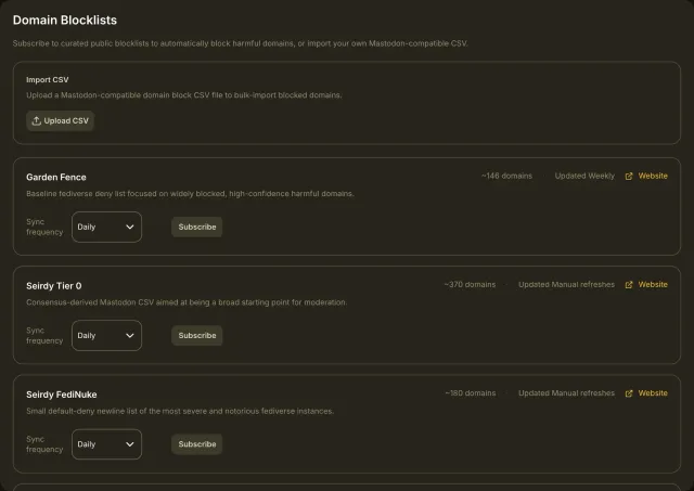 The Domain Blocklists page with an Upload CSV button and curated blocklists with their domain counts, update rhythm, a sync frequency menu and a Subscribe button.
