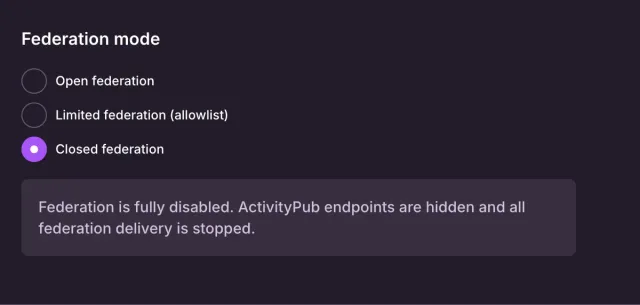 The Access tab shows the closed federation choice and its explanation. This is an unsaved choice.