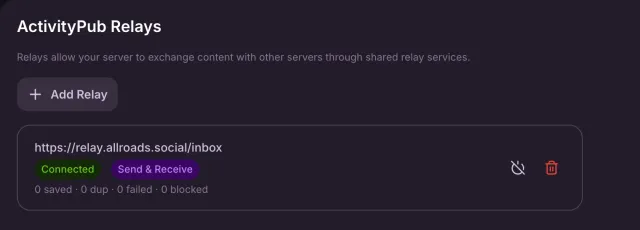 The relay page shows a relay connection, delivery mode, and ingest counters. No relay connection was made.