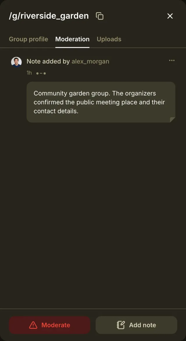 The Moderation tab of the Riverside Garden group drawer with a staff note by alex_morgan and Moderate and Add note buttons.