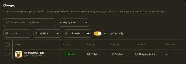 The Groups page with filters for privacy, visibility and join mode, and Riverside Garden listed as Regular, Public, Visible, Request to join, with four members.