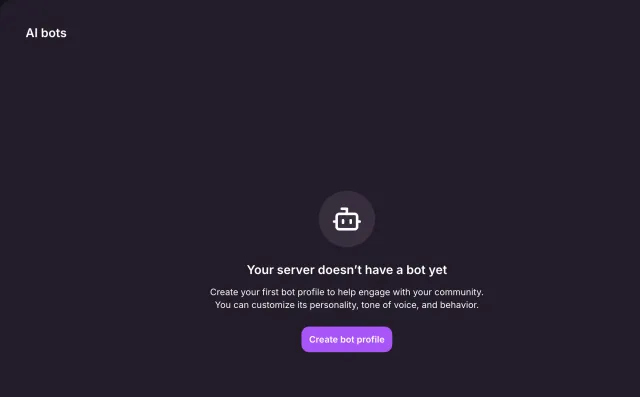The AI bots page of server administration with no server bot yet and a Create bot profile button.