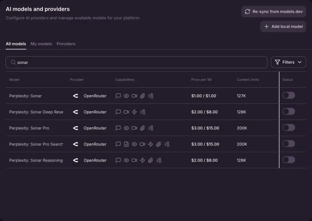 The All models tab searched for sonar, listing Perplexity Sonar models through OpenRouter with their capabilities, prices per million tokens, context limits and status switches.