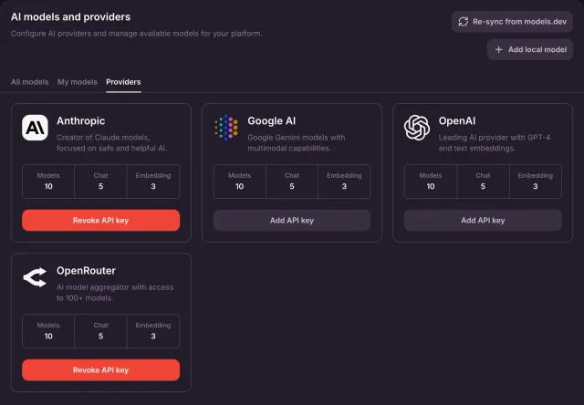 The provider cards show AI provider settings and connection controls.