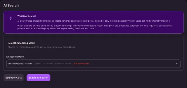 The AI Search page shows the embedding model selector. No embeddings were generated.
