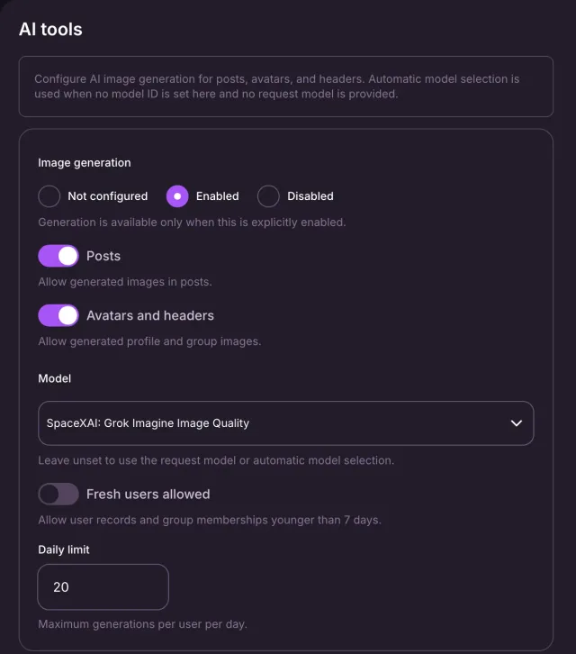 The AI tools form shows image generation permissions, a model selector, and user limits.