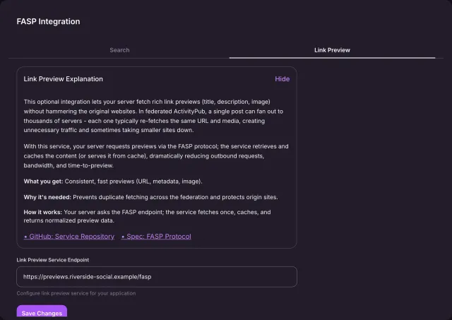 The Link Preview tab with its explanation and an endpoint field for a link preview service.