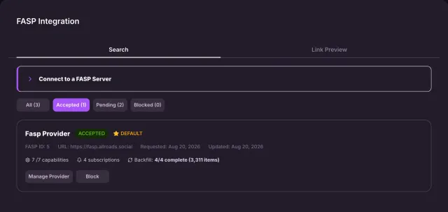 The FASP Integration Search tab with the Connect to a FASP Server guide and an accepted search provider with its capabilities, subscriptions and backfill.