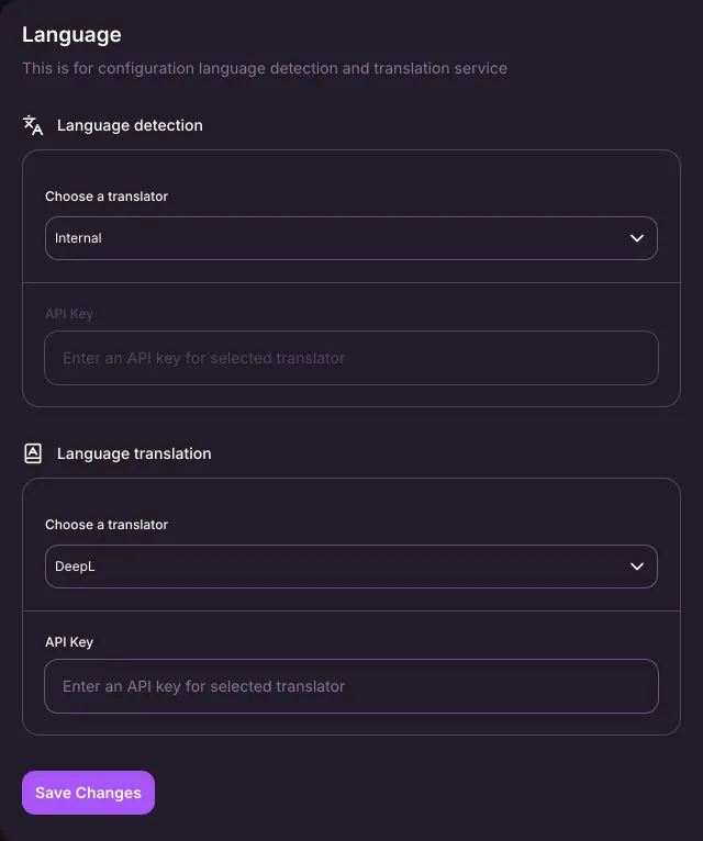 The Language page with a translator choice for language detection and DeepL selected for translation, with an empty API key field.