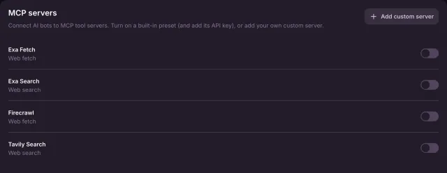 The MCP servers page with switches for the Exa Fetch, Exa Search, Firecrawl and Tavily Search presets and an Add custom server button.