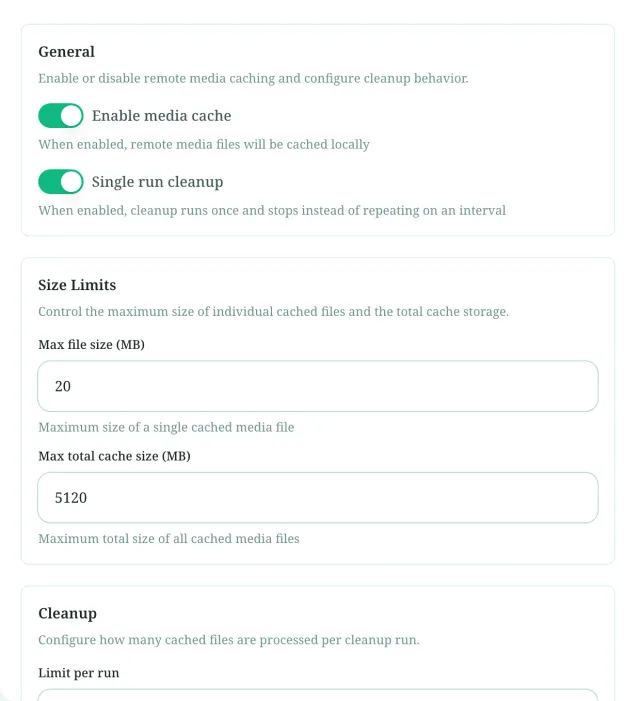 The media cache form shows cache limits and cleanup controls.