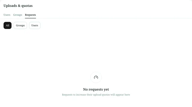 The quota request view shows its empty state and request type filters. This capture does not show an approval decision.