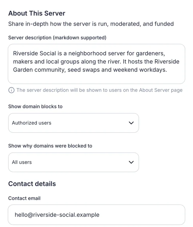 The About tab of server settings with a Markdown server description, two domain block visibility choices and the contact email field.
