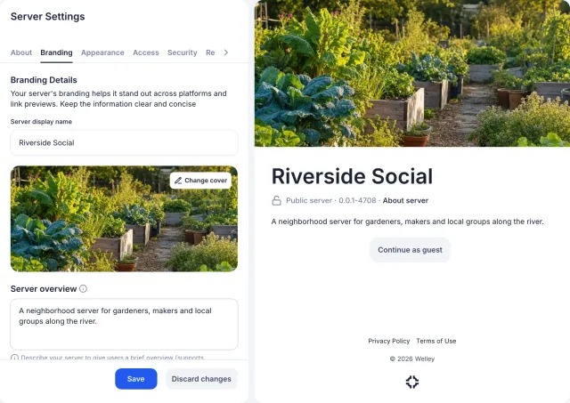 The Branding tab with the server display name Riverside Social, a garden cover image, an overview, and a live preview of the public server page.