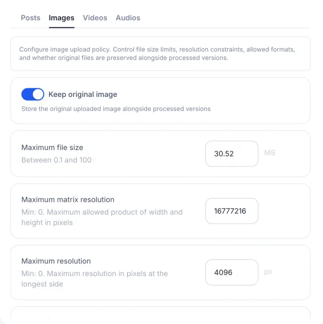 The image policy shows original-file retention, file size, resolution, and conversion controls.