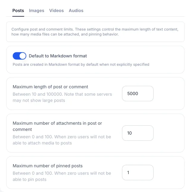 The Content tab shows Markdown defaults, post length, attachment count, and pinned post limits.