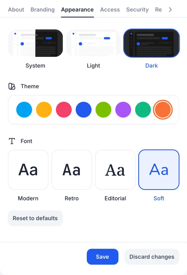 The server Appearance form with Dark mode, a peach theme color and the Soft font selected, a Reset to defaults button, and Save and Discard changes buttons.