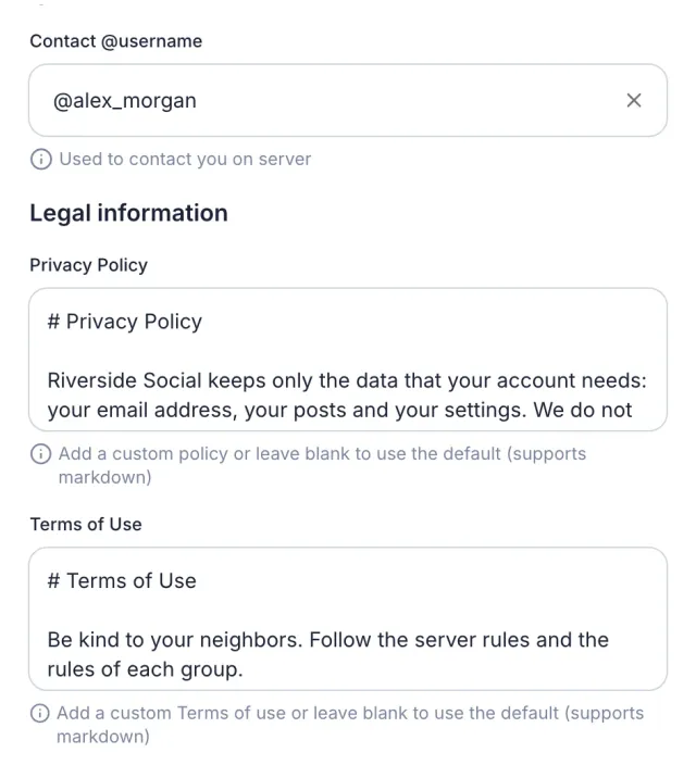 The contact handle @alex_morgan above the legal information section, with Markdown editors for the privacy policy and the terms of use of Riverside Social.