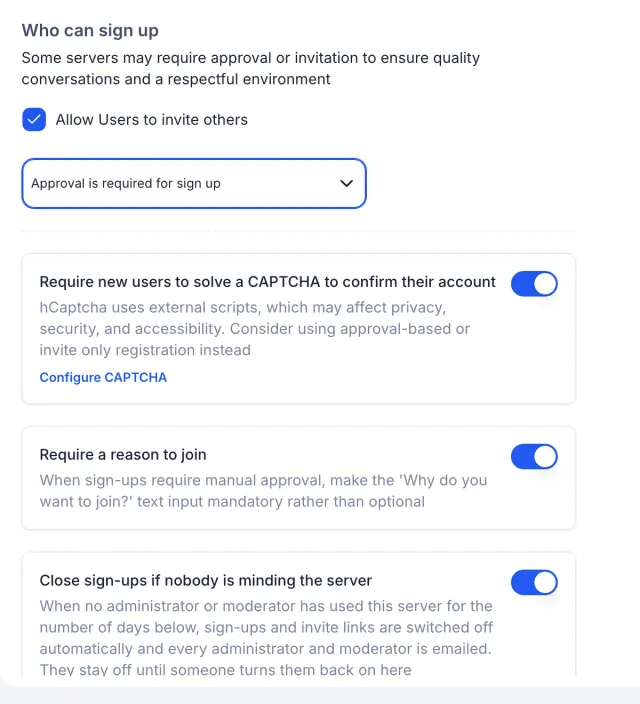 The Registration tab shows approval, invitations, CAPTCHA, and automatic closure for an unattended server.