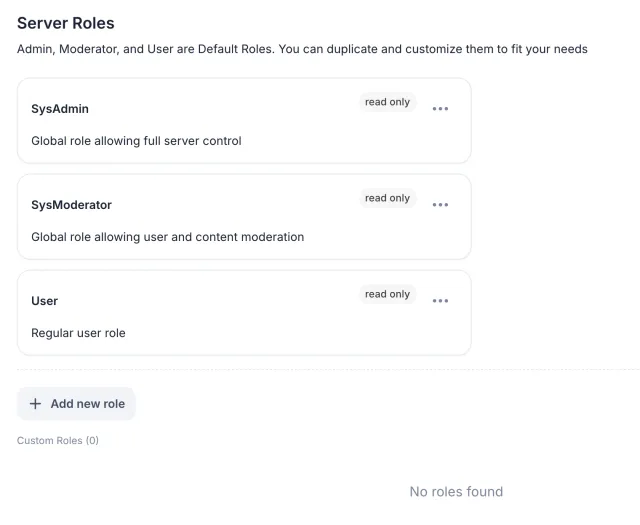 The Roles tab with the read-only SysAdmin, SysModerator and User roles, an Add new role button and an empty custom role list.