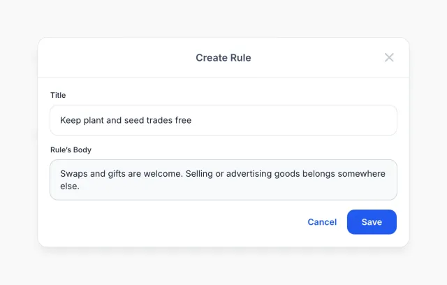 The Create Rule dialog of the Server Rules tab with the title Keep plant and seed trades free and a short rule body.