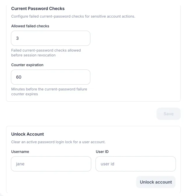 The Security tab with the allowed failed current-password checks, the counter expiration in minutes, and the Unlock Account section.