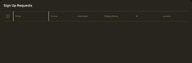 The Sign Up Requests page with columns for email, phone, username, display name, IP address and location, and no pending requests.