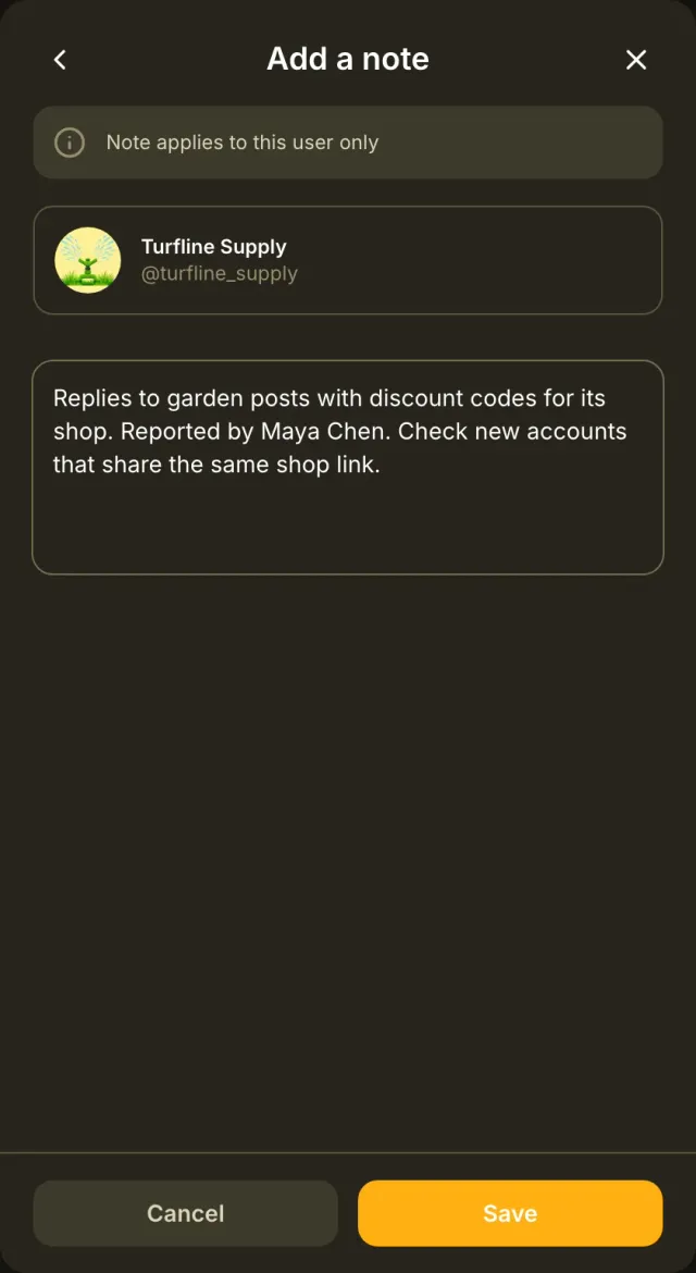 The Add a note panel for Turfline Supply with a staff note about promotional replies and Cancel and Save buttons.