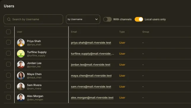 The Users page with a username search, a search field selector, switches for channels and local users, and a table of six local accounts with avatars, usernames, emails and types.