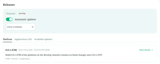 The Releases page with the release channel, an Automatic updates switch, an update interval menu, and the latest platform release with its build number and change summary.
