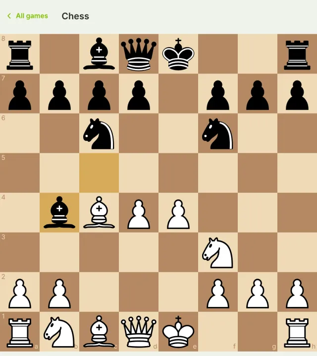 A chess board from a game in the Riverside Garden group, with the board coordinates and the latest move highlighted.