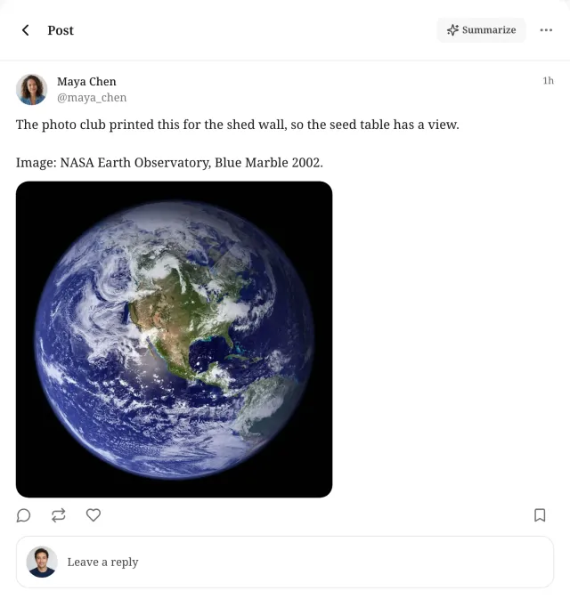 Welley photo post by Maya Chen with the NASA Blue Marble image of the Earth and the credit line in the post text.