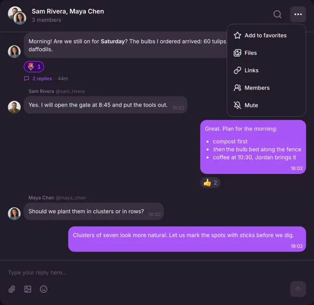 The open conversation menu offers Add to favorites, Files, Links, Members and Mute above the conversation of Alex, Sam and Maya.
