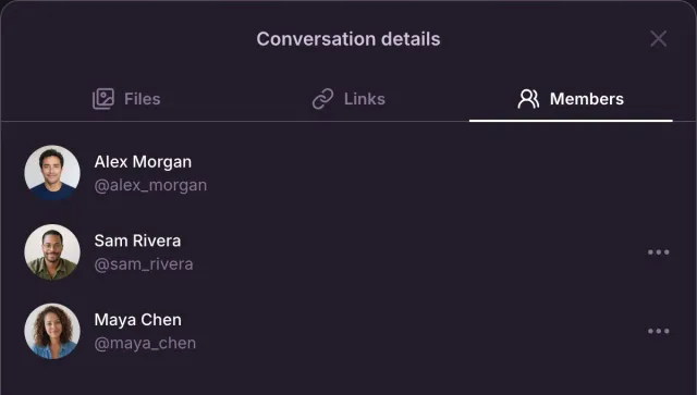 The Conversation details dialog lists the three members Alex Morgan, Sam Rivera and Maya Chen beside the Files and Links tabs.