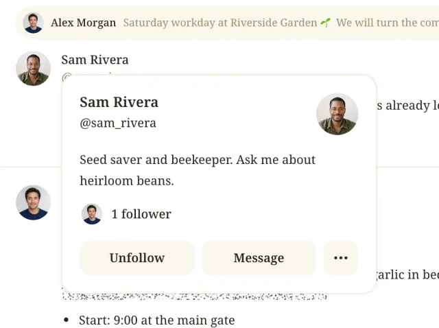 A profile card over the name of Sam Rivera in a feed, with his bio, one follower, and Unfollow, Message and menu buttons.