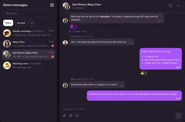 The direct message inbox beside a conversation of Alex Morgan, Sam Rivera and Maya Chen with formatted text, a list, reaction chips, a thread link and the reply composer.