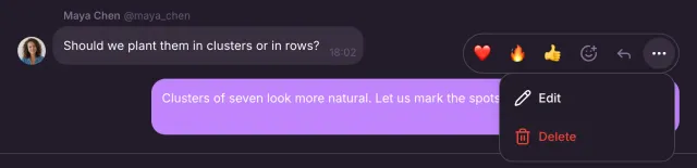 The action bar of a direct message with heart, fire and thumbs-up quick reactions, an emoji picker, a reply control and a menu with Edit and Delete.