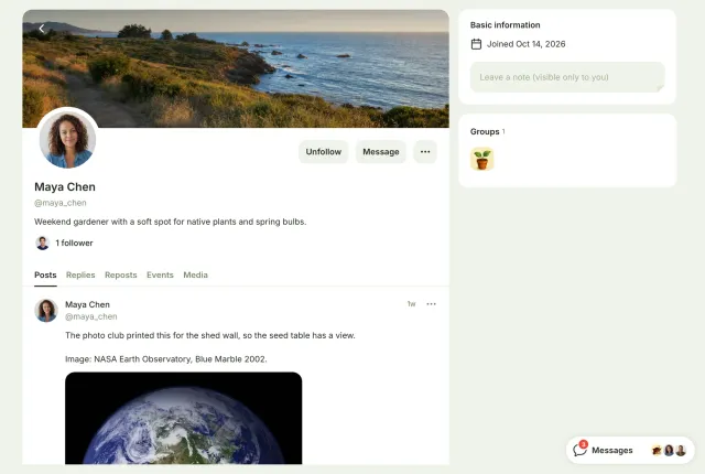The profile of Maya Chen with Unfollow, Message and menu buttons. In the bottom-right corner, a Messages button shows 3 unread messages and three small profile photos.