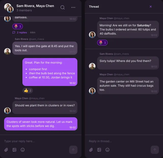 The main conversation beside a Thread panel with Maya Chen’s message about the bulbs, two replies and a separate reply composer.