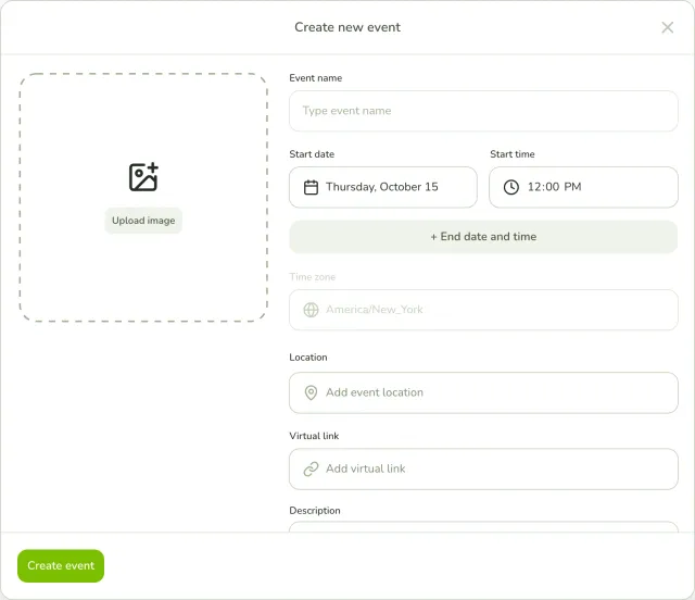 Empty group event form with an image upload area, the event name, the default start date and time, the time zone, a location field and a virtual link field.