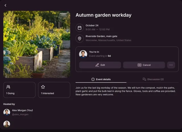 Autumn garden workday page with a garden cover, the date and time, the place, the counts of people who go and who are interested, the host Alex Morgan, and the organizer controls Edit and Cancel.