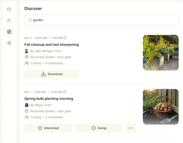 Discover view with a search for garden and the matching public garden events with their dates, places and response controls.