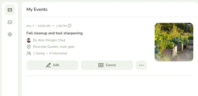 Events page of the Riverside Garden group with the Fall cleanup and tool sharpening event, its date, place and attendance, and the organizer controls.