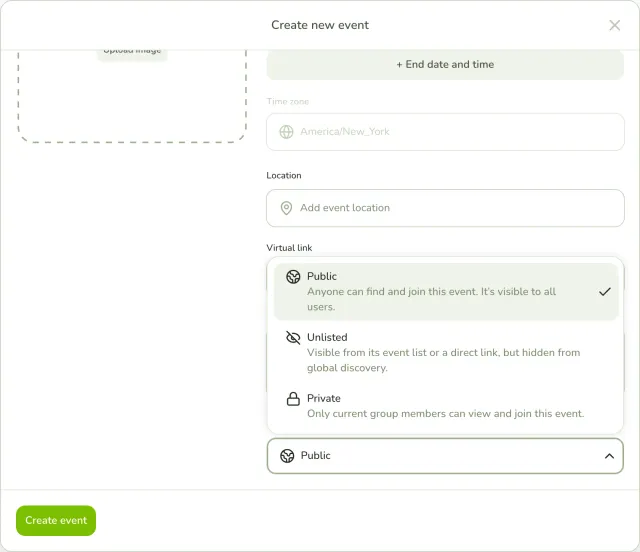 Group event form with the visibility list open: Public, Unlisted and Private.
