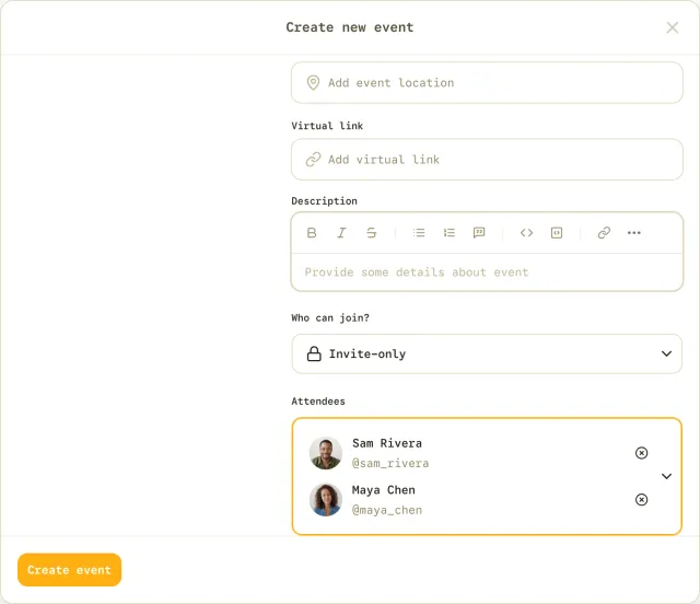 Invite-only event form with the Who can join field set to Invite-only and the two invited people, Sam Rivera and Maya Chen, listed below it.