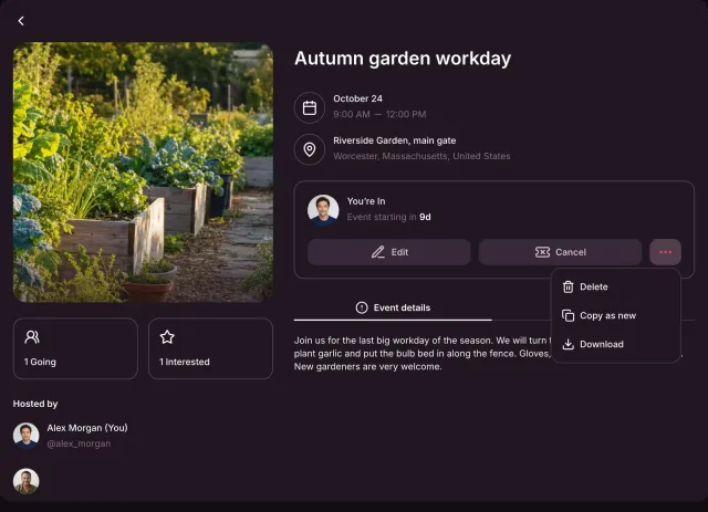 Organizer menu of the Autumn garden workday open beside Edit and Cancel, with Delete, Copy as new and Download.